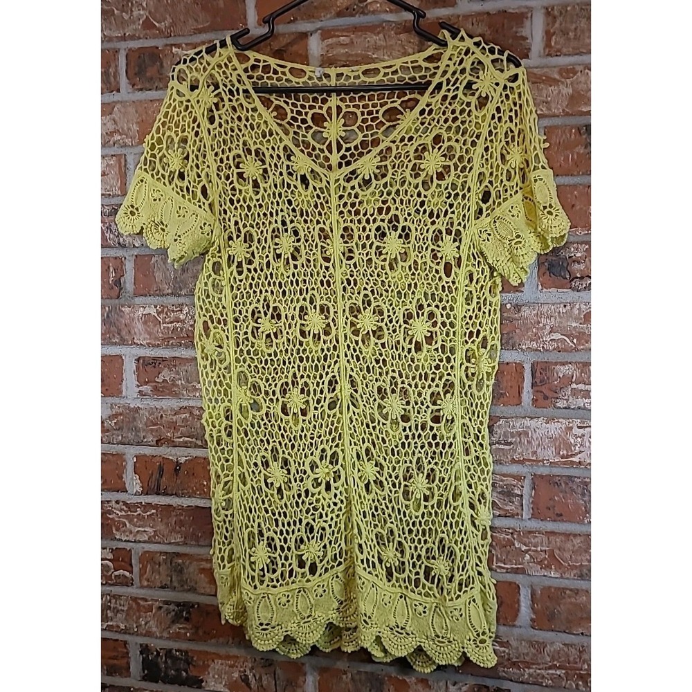Vtg Women's Top Hand Knitted‎ Crochet Bamboo Pulp Green Short Sleeve Size S